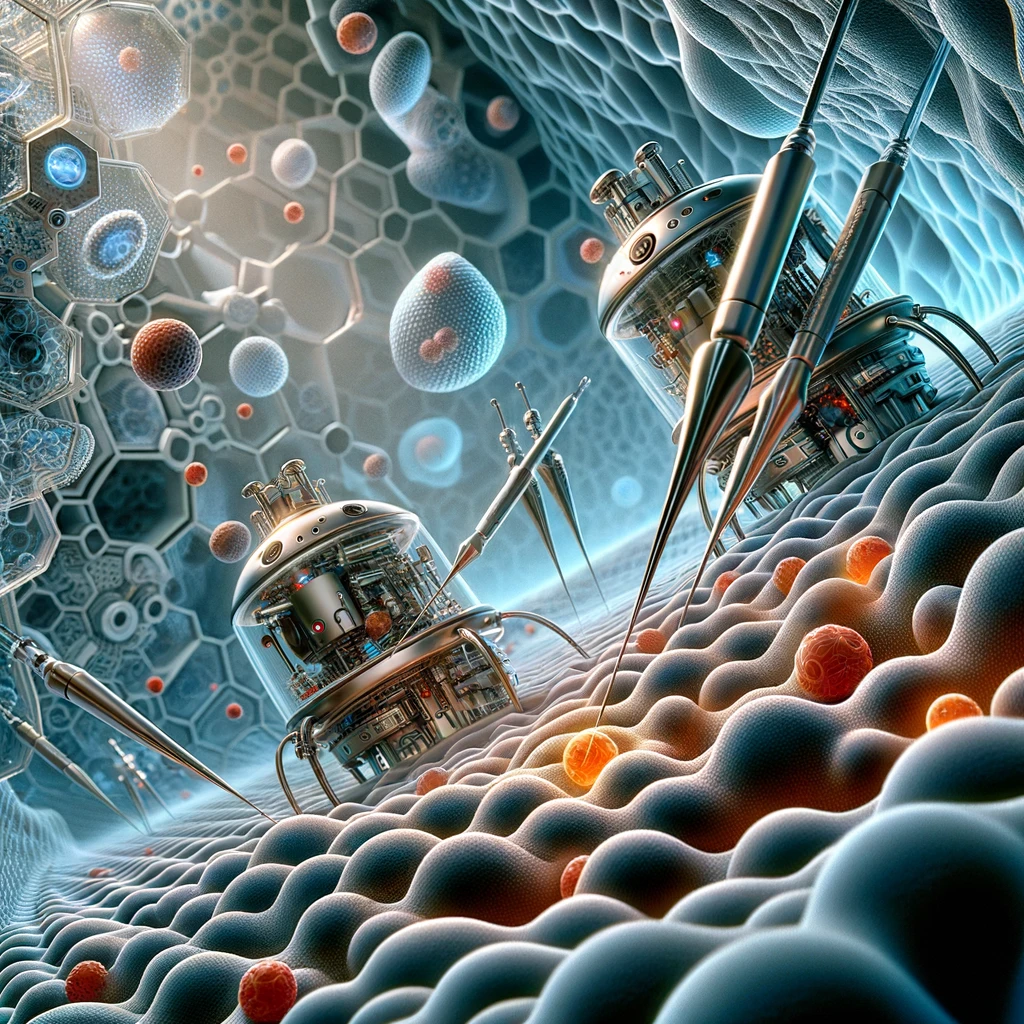 Nanotechnologies fantasy pictures sci-fi with robots and organic landscape