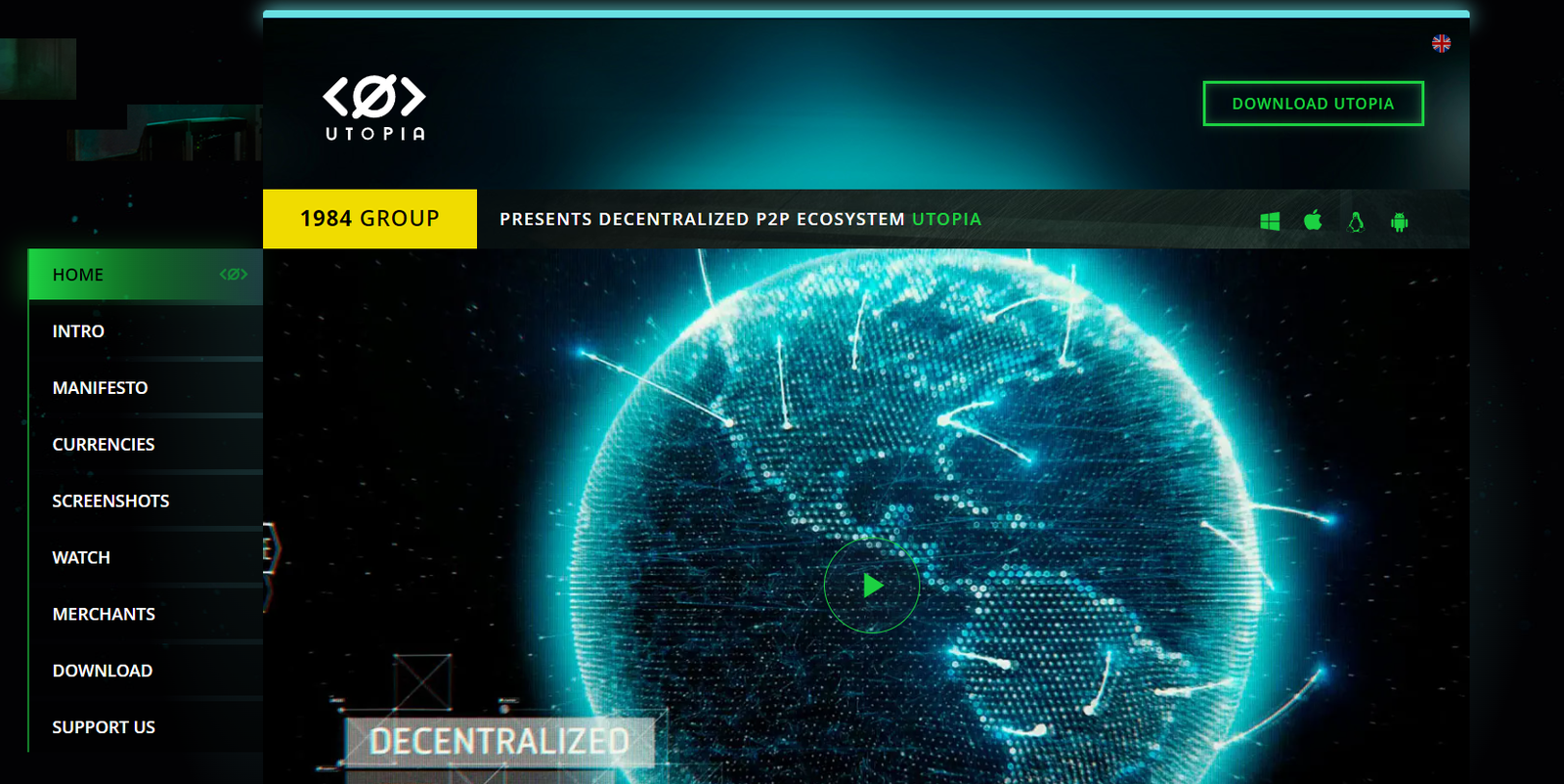 Utopia Official Website Screenshot, showing homepage