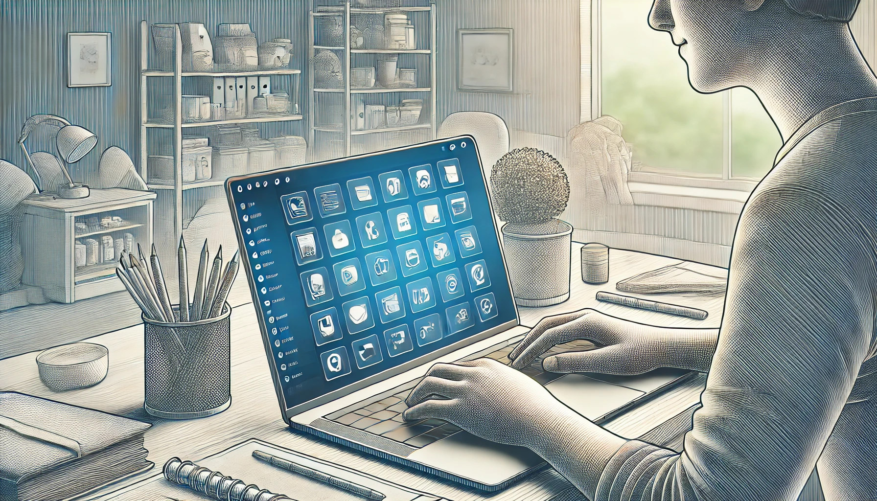 Image of woman working with a laptop with some bloatware app icons.