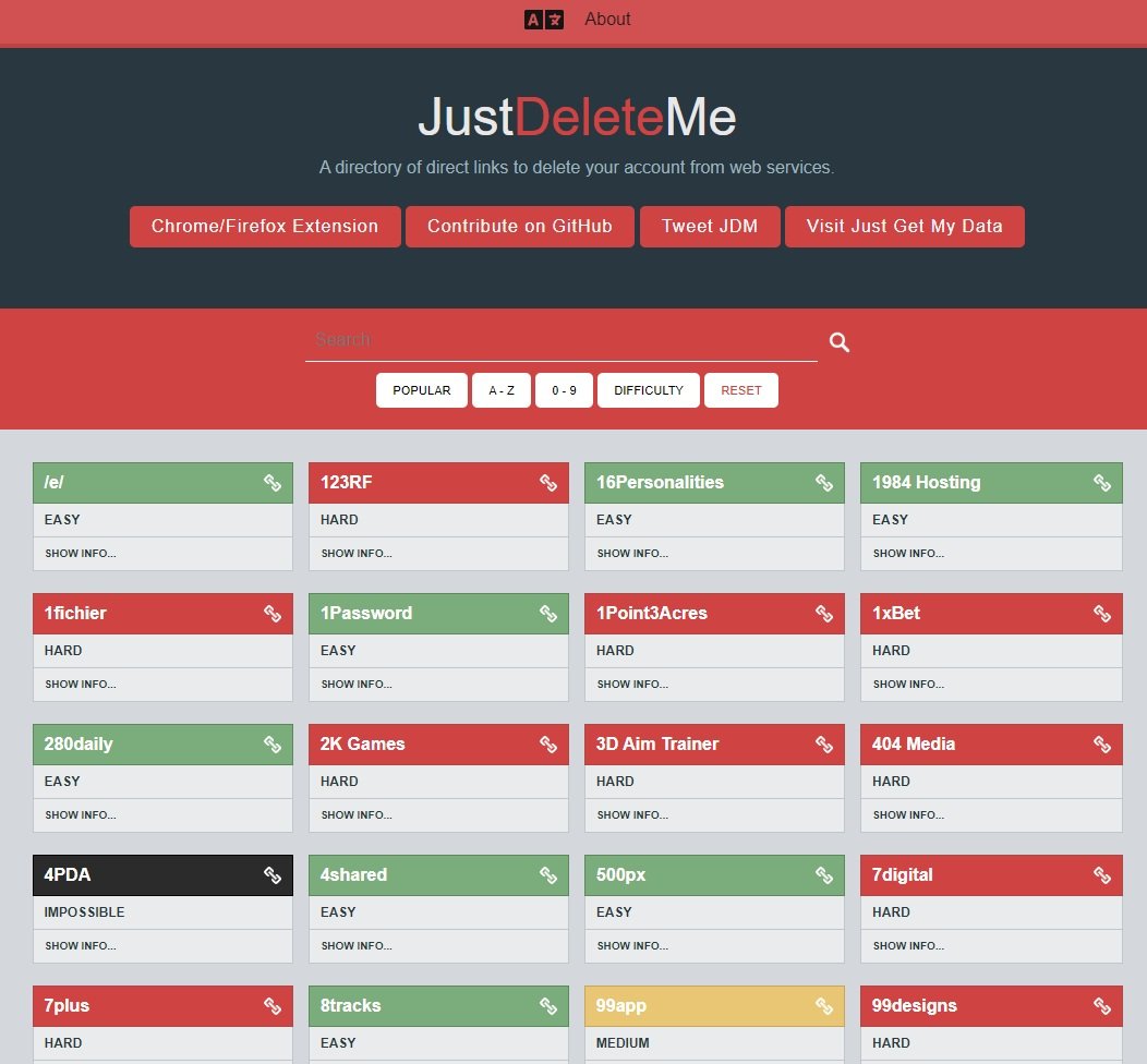 JustDeleteMe Homepage JustDeleteMe Homepage Screenshot