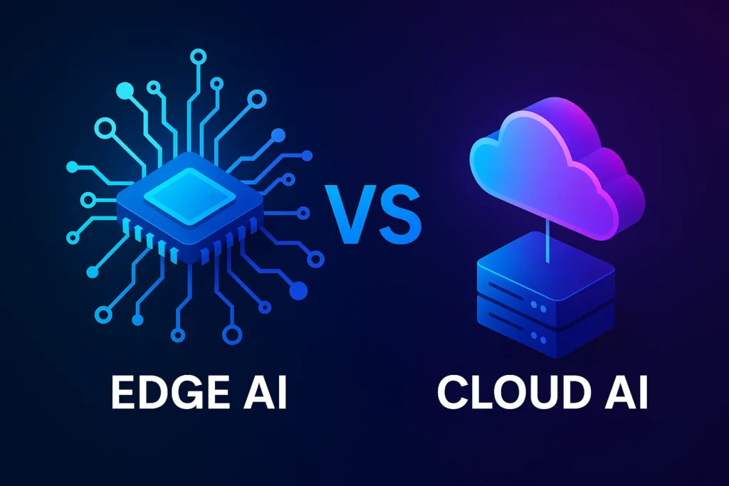 Edge AI vs Cloud AI Comparison Illustration Futuristic illustration showing the difference between Edge AI and Cloud AI using a glowing microchip and a cloud server icon