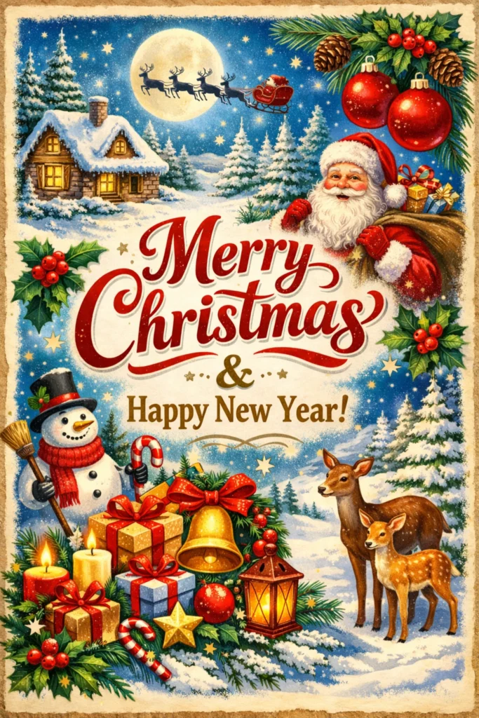 Colorful Christmas postcard with Merry Christmas and Happy New Year greeting