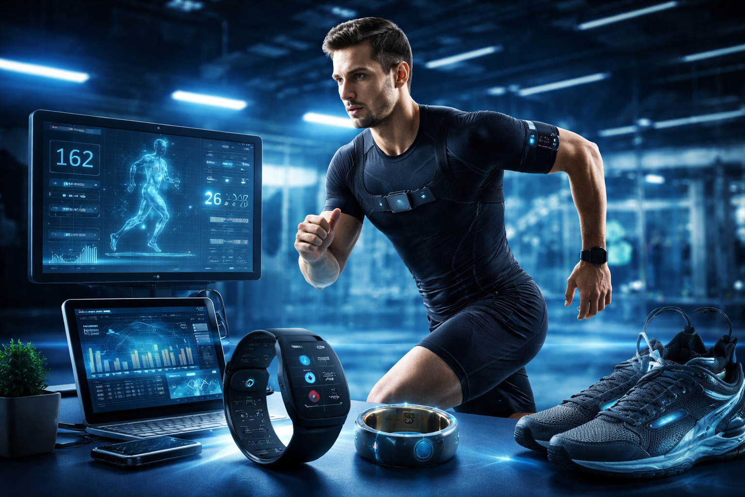Athlete training with wearable technology and performance data screens in a high-tech sports facility