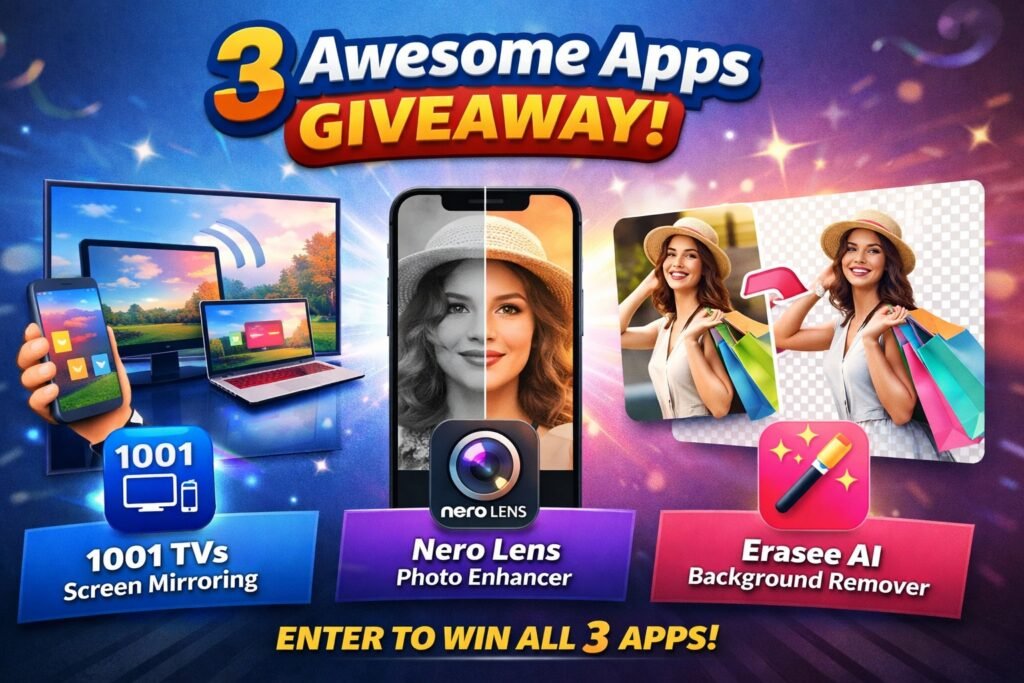 Nero apps giveaway cover featuring 1001 TVs screen mirroring, Nero Lens AI photo enhancer, and Erasee AI background remover