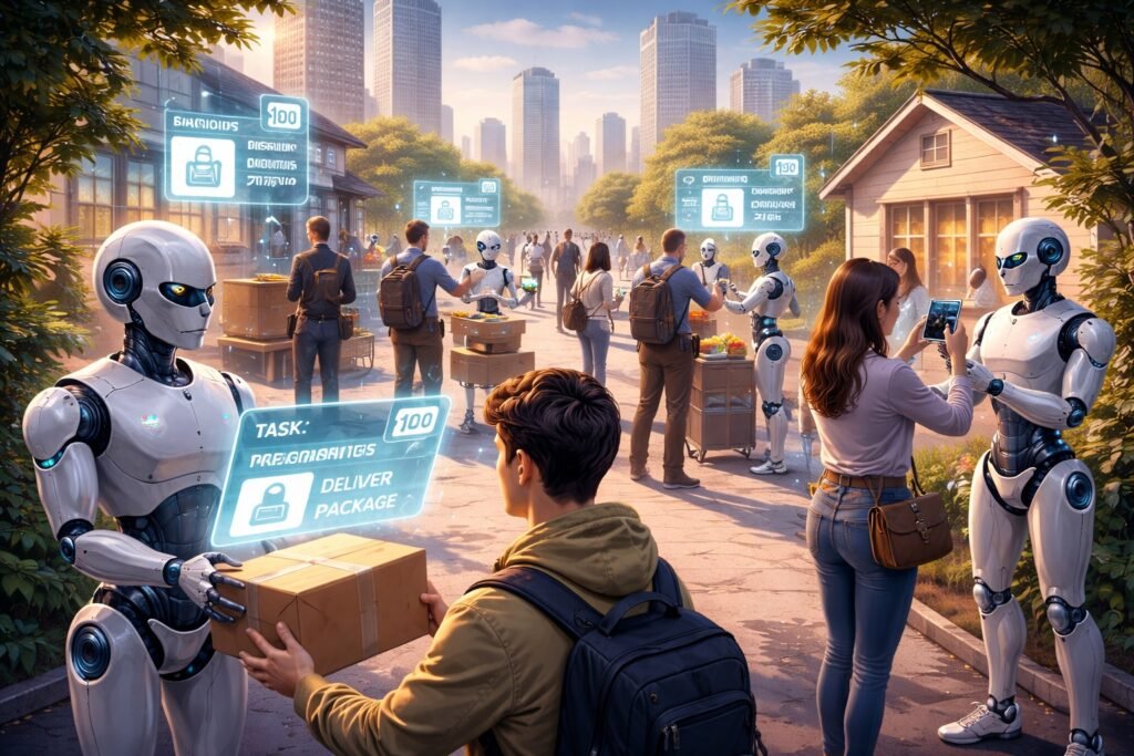 Busy urban street where humans complete errands with humanoid robots and holographic task panels, illustrating a reverse gig economy directed by AI agents.