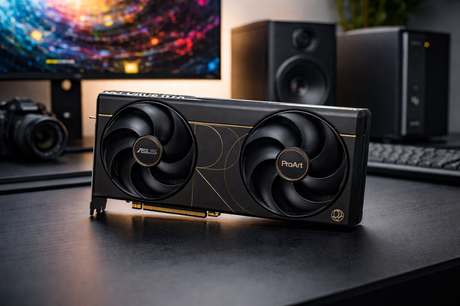Asus ProArt GeForce RTX 5090 dual-fan graphics card on a minimalist creator workstation desk with monitor and camera in the background