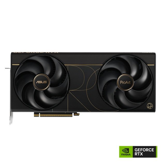 Asus ProArt GeForce RTX 5090 graphics card with dual-fan design, black-and-gold ProArt styling, and GeForce RTX branding