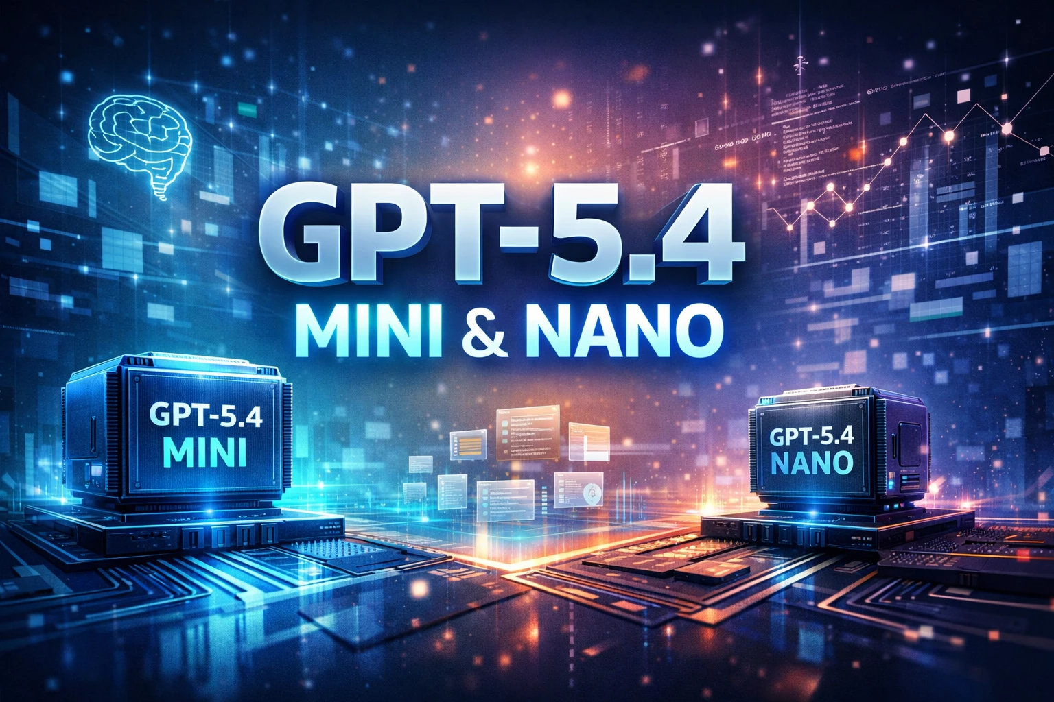 GPT-5.4 mini and nano concept artwork showing two AI chips in a futuristic digital environment