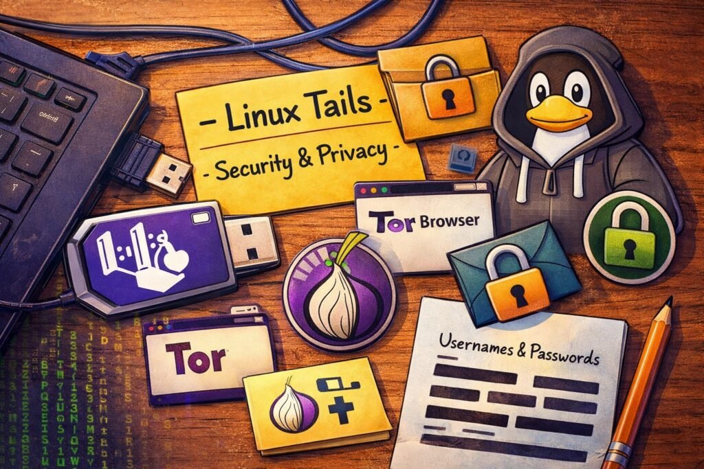 Linux Tails for beginners illustration showing a USB stick on a desk with privacy tools, Tor references, password notes, encryption icons, and a Linux penguin figure