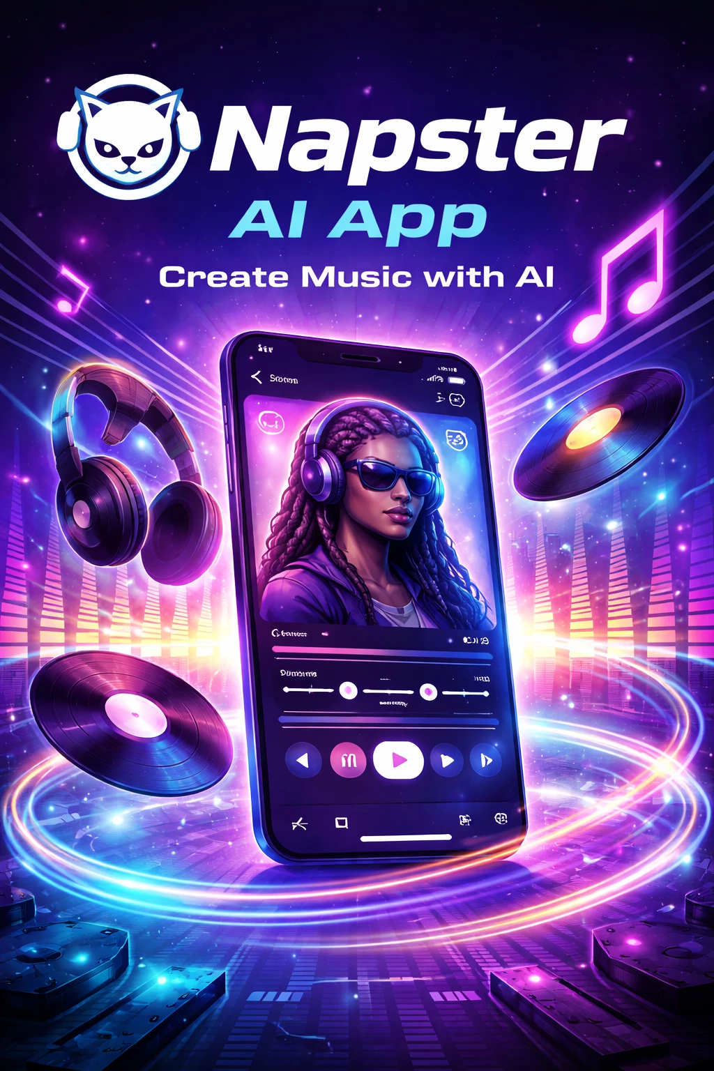 Napster AI app featured image with retro music vibes, neon sound waves, smartphone interface, vinyl records, headphones, and a nostalgic early-internet aesthetic.