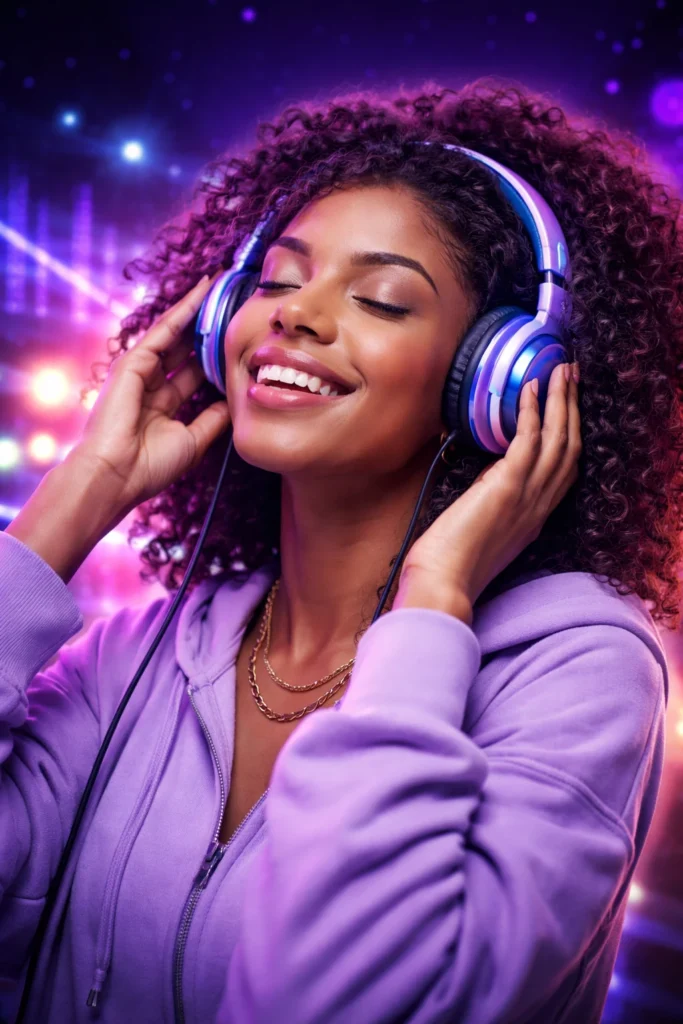 Young woman smiling while listening to music in the Napster AI app mood