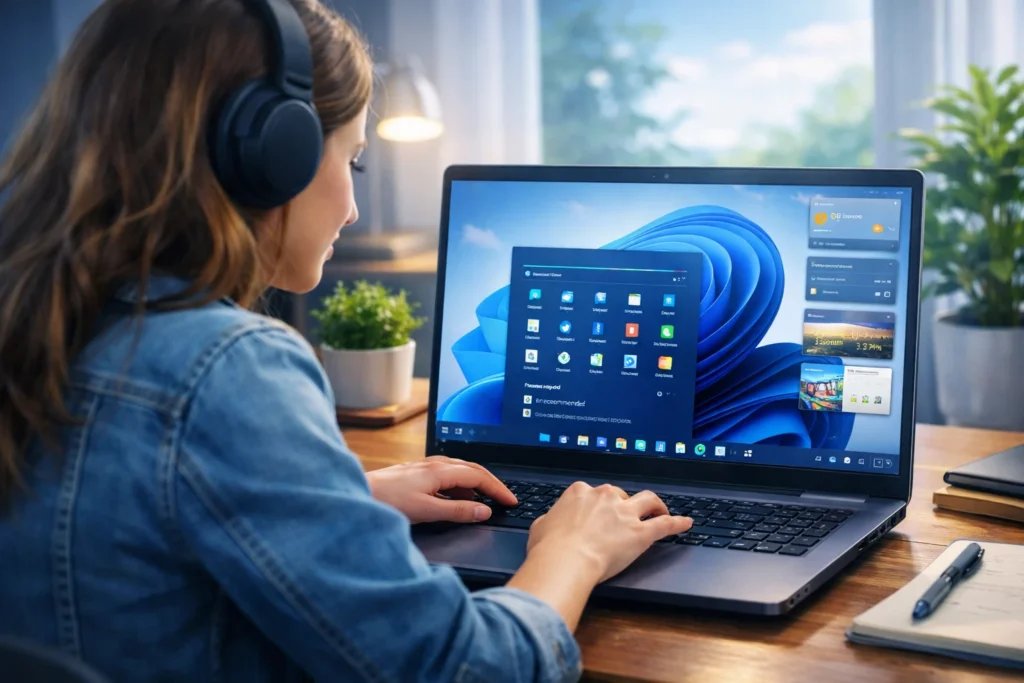 Young woman working on a laptop with the Windows desktop visible on screen