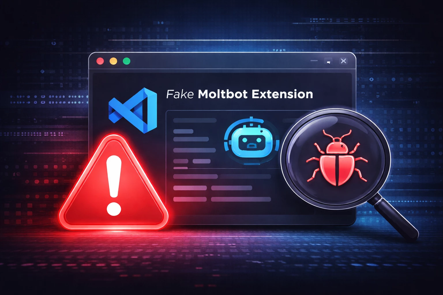 Fake Moltbot VS Code extension used to spread malware with warning symbol and cybersecurity interface