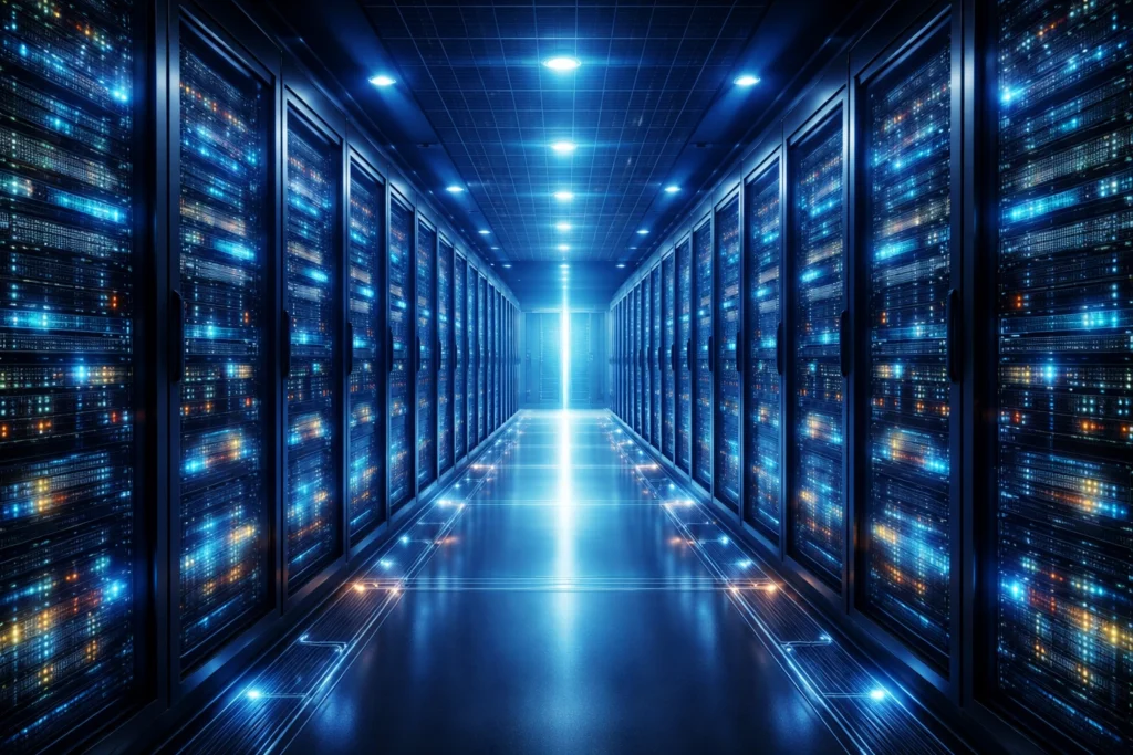 Futuristic server room representing GPT-5.4 mini and nano infrastructure and high-volume AI workloads