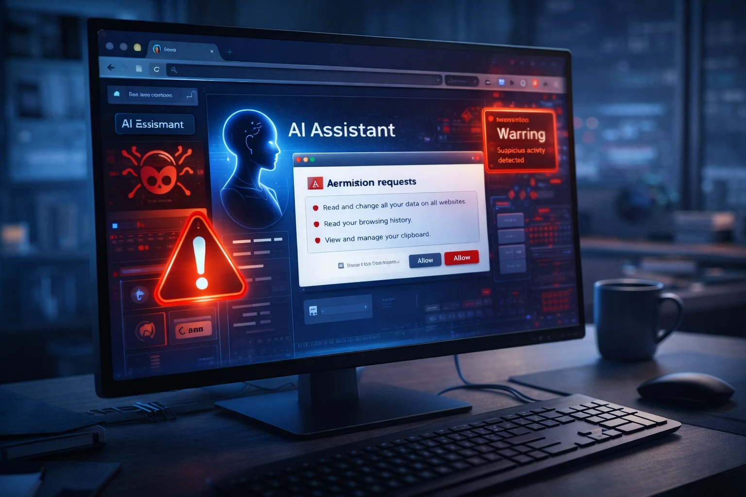 AI-powered malware scams illustration showing a fake AI tool on a laptop with phishing alerts and malicious browser extension warnings