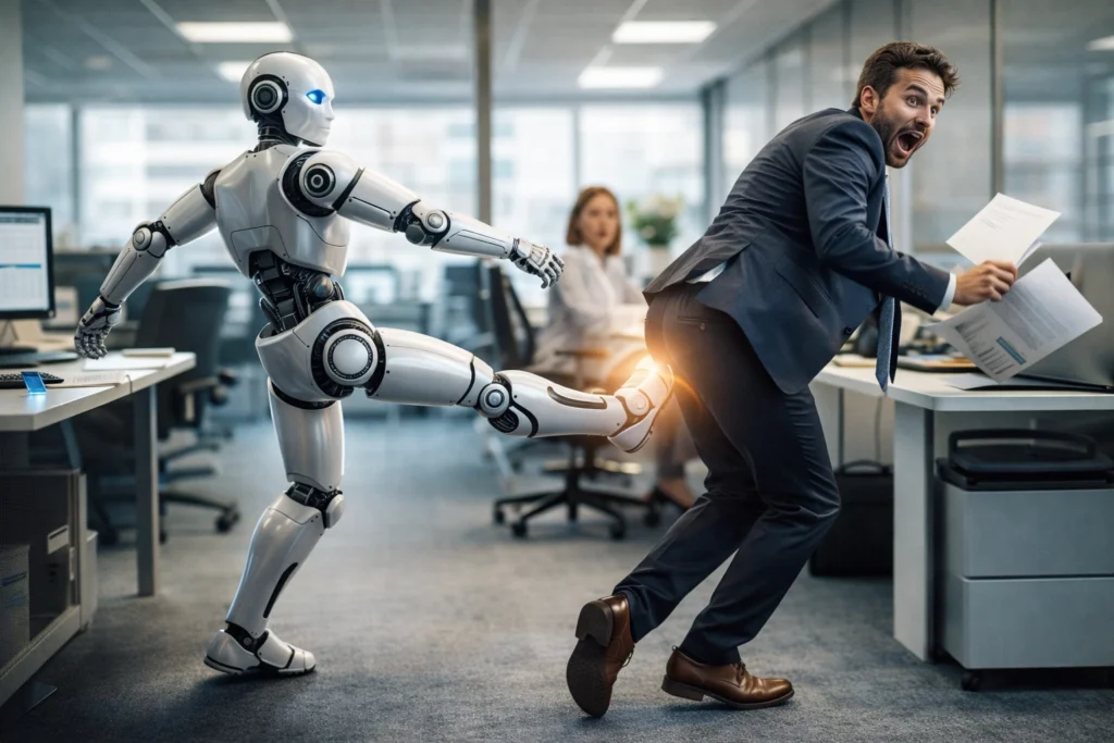 Humanoid robot playfully kicking an office worker in a modern office as a metaphor for AI disrupting jobs