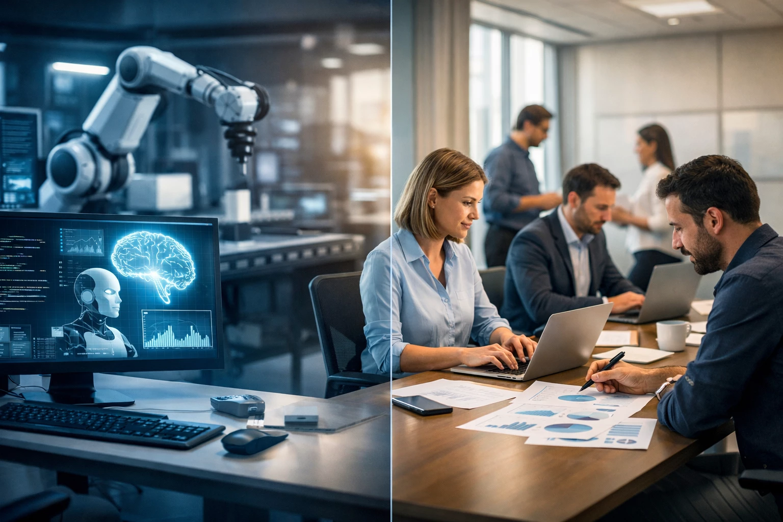 Artificial intelligence and employment concept showing automation and professionals at work