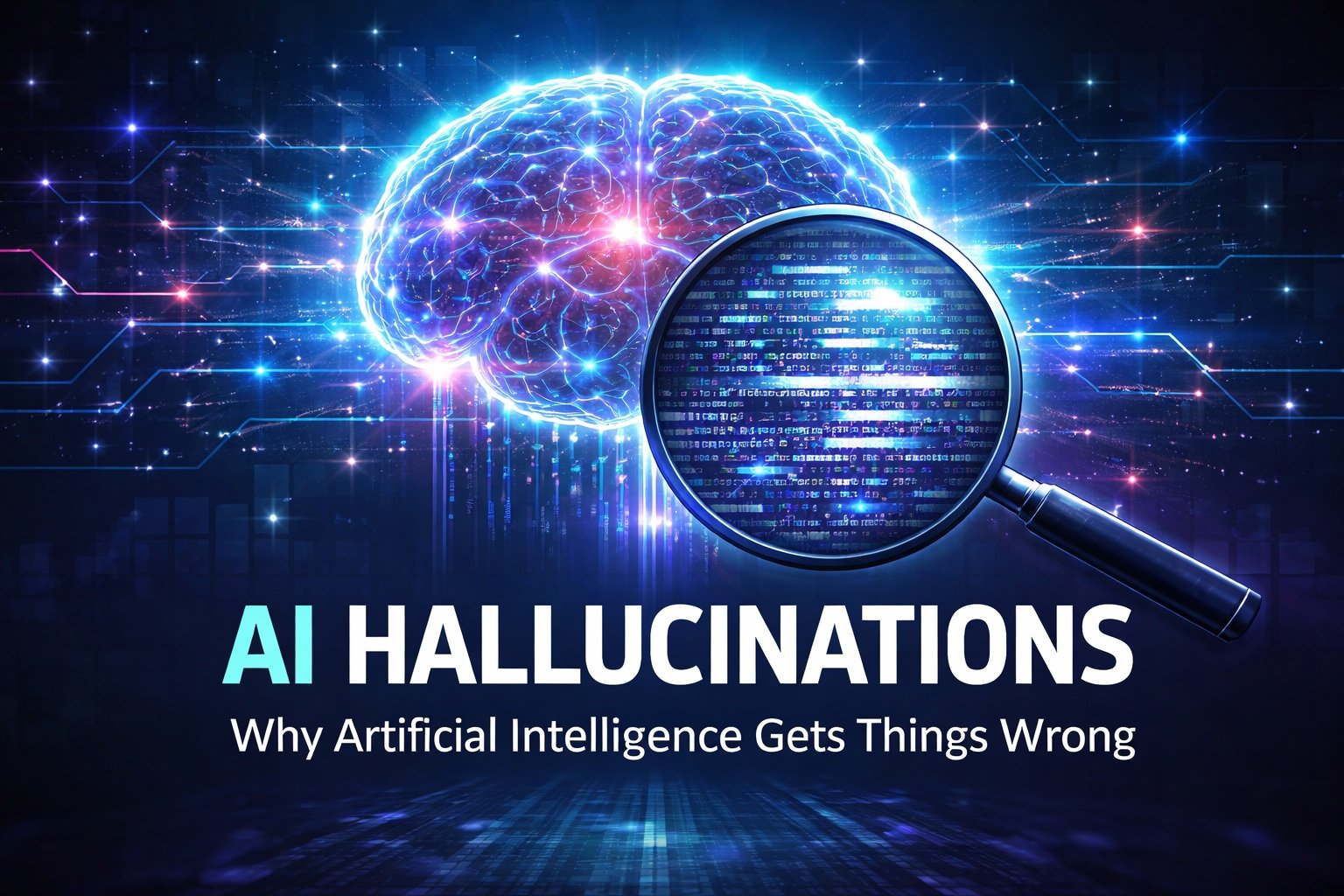 Digital illustration representing AI hallucinations with a glowing artificial brain and distorted data