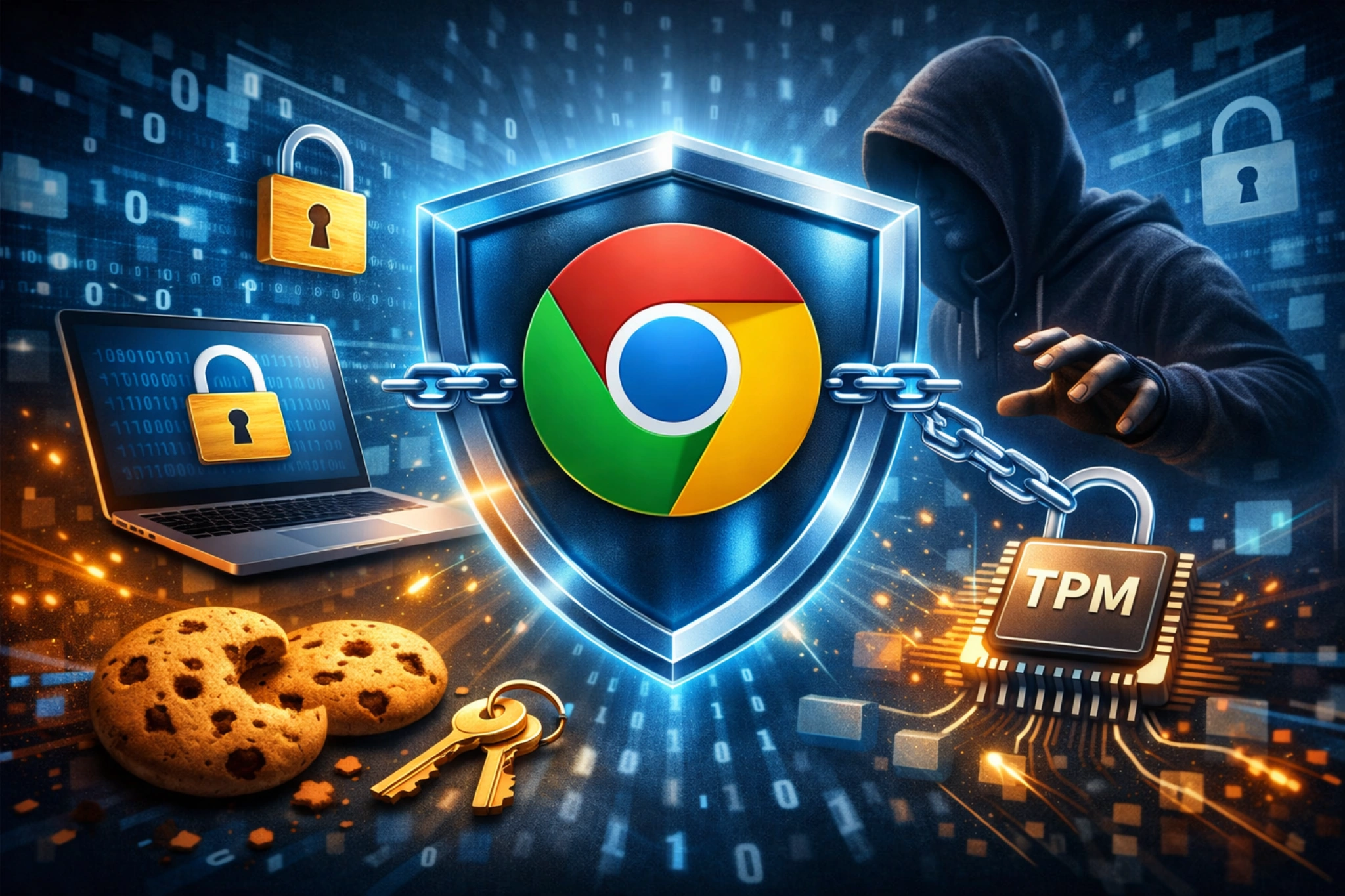 Chrome infostealer protection illustration showing Chrome shield, locked laptop, session cookies, hacker silhouette and TPM security chip