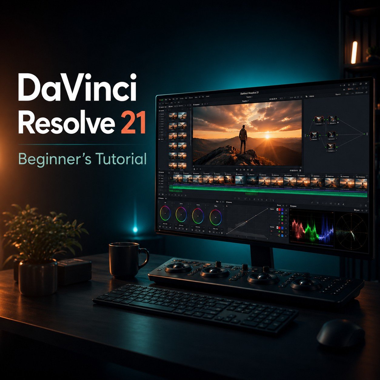 DaVinci Resolve 21 Beginner Tutorial cover image with cinematic video editing workspace and color grading interface.