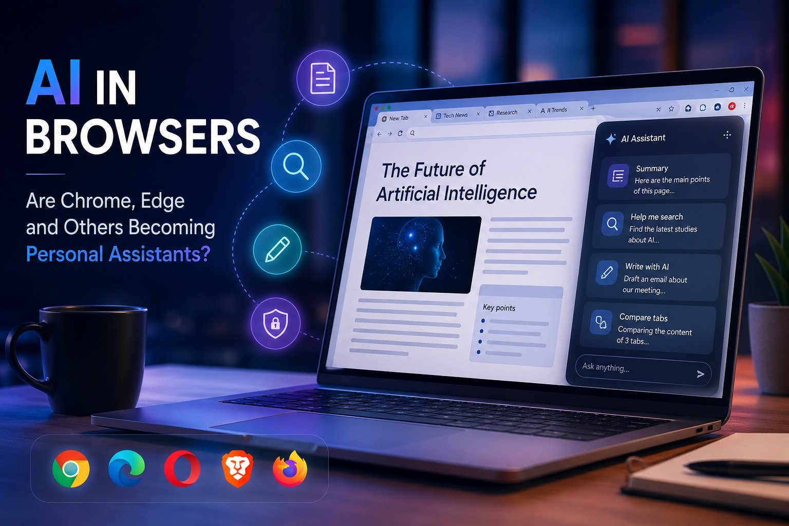 AI in browsers shown on a laptop with a digital assistant helping with summaries, search and writing tools