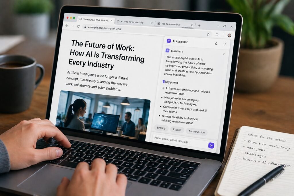 User working on a laptop with an AI browser assistant summarizing an article and suggesting key points