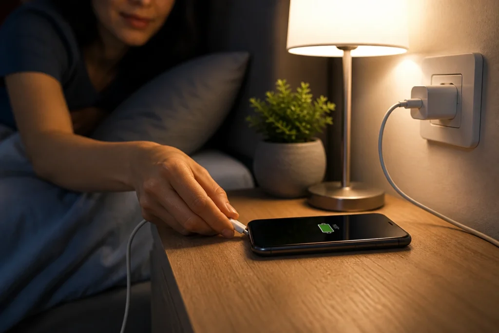 Person charging a smartphone before bed while learning about smartphone battery charging myths
