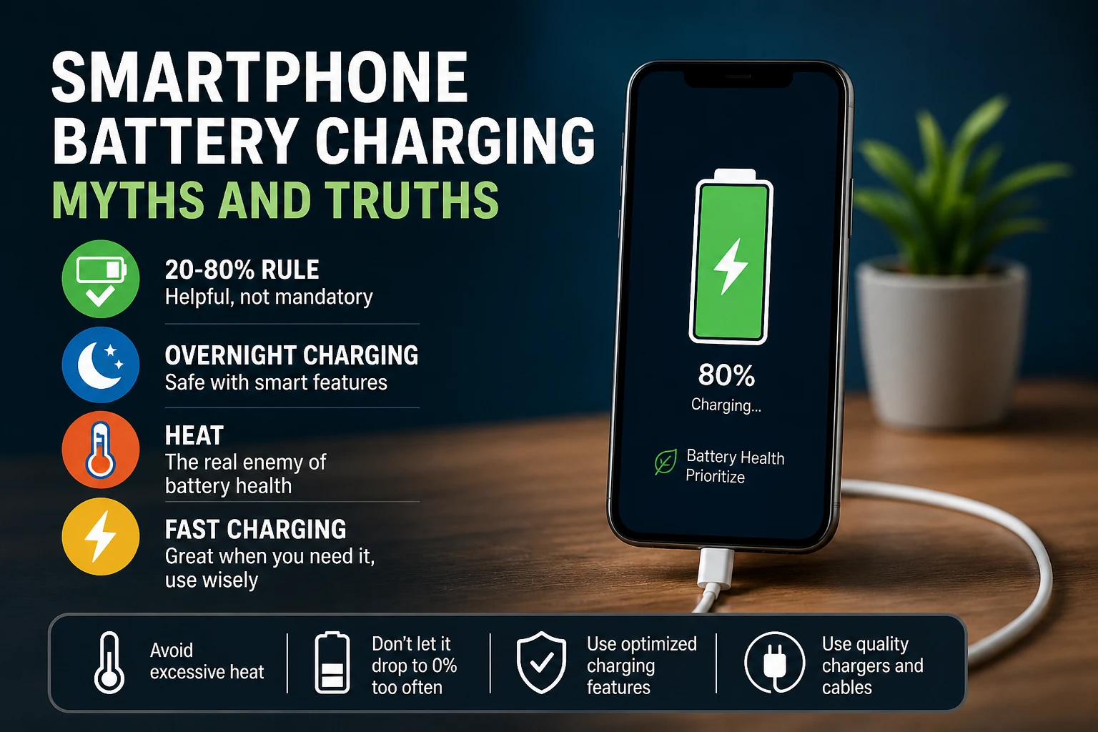 Smartphone battery charging myths infographic showing the 20-80% rule, overnight charging, heat, and fast charging tips