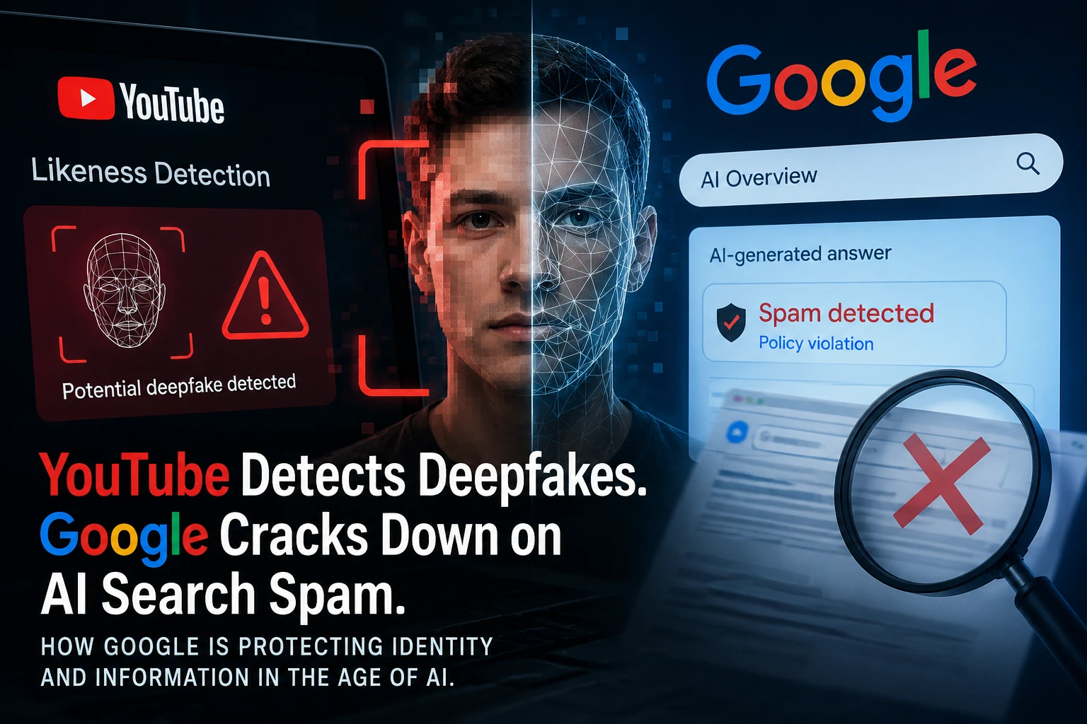 YouTube deepfake detection and Google AI search spam protection concept