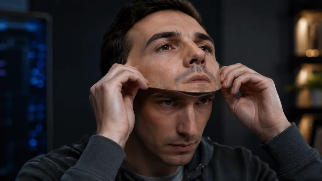 Person wearing another face as a mask to represent AI deepfakes and online identity theft