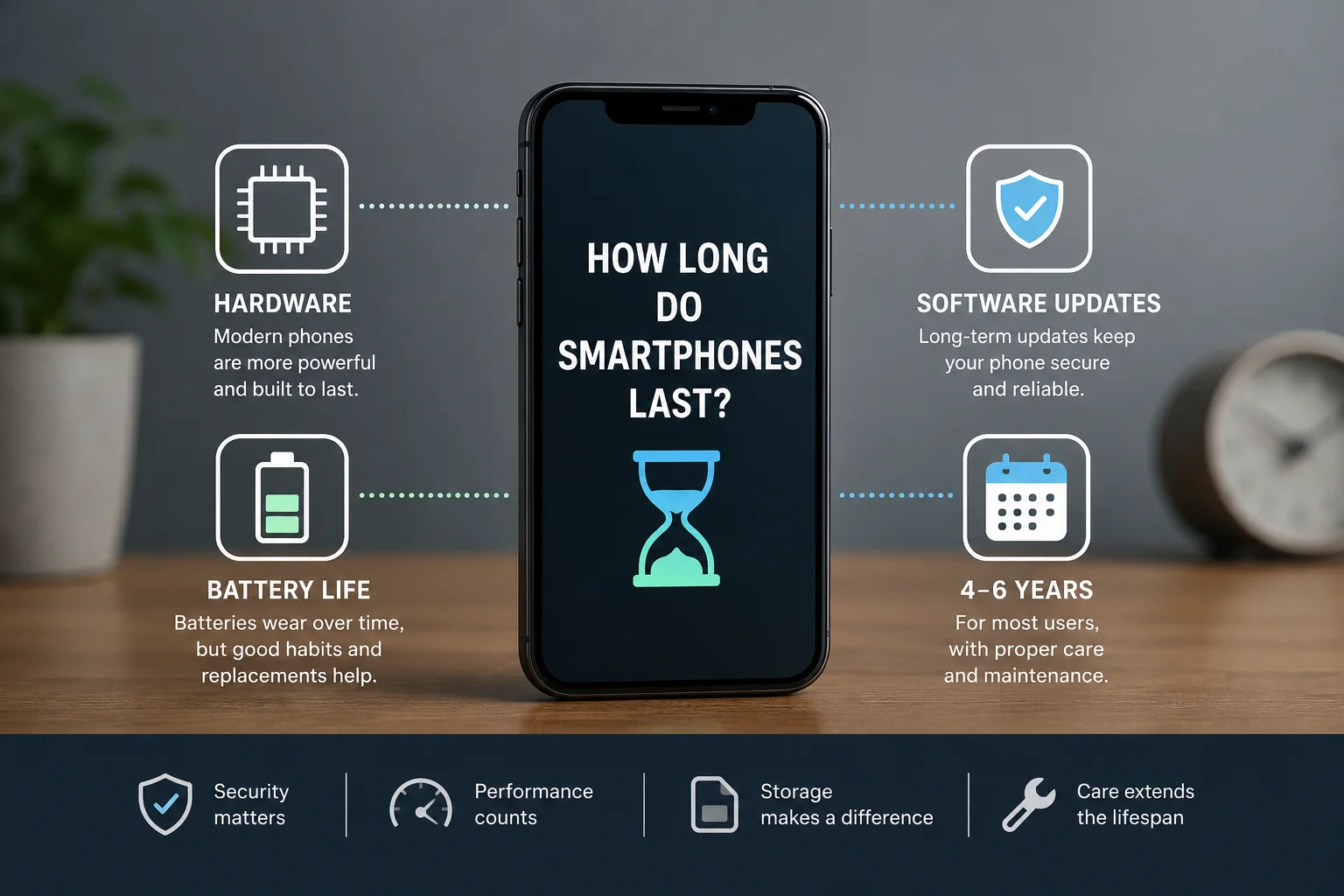 How long do smartphones last infographic showing hardware, battery life, software updates, and phone lifespan factors