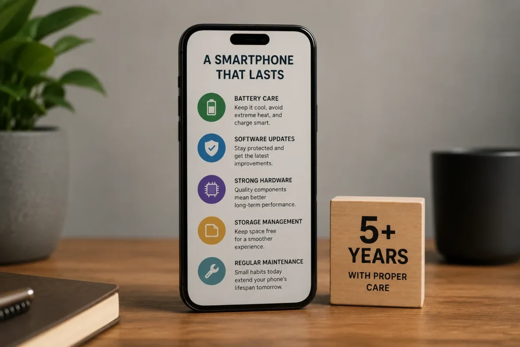 Modern smartphone that lasts over 5 years with proper battery care, software updates, and regular maintenance