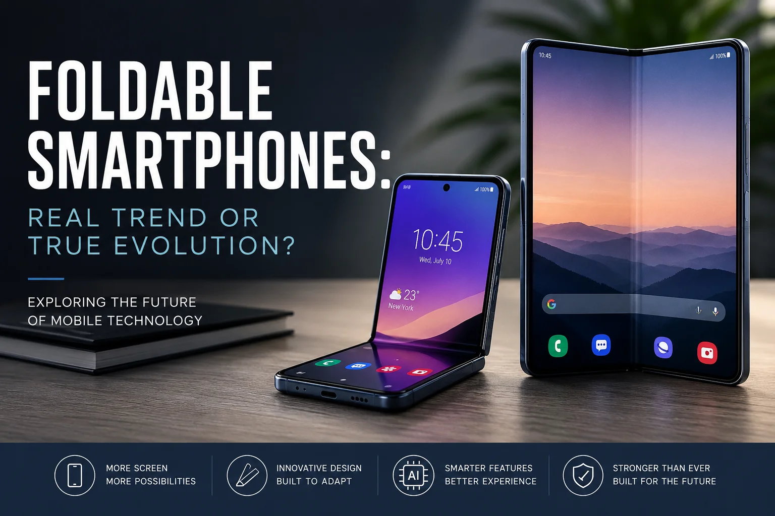 Foldable smartphones displayed on a modern desk with open screens