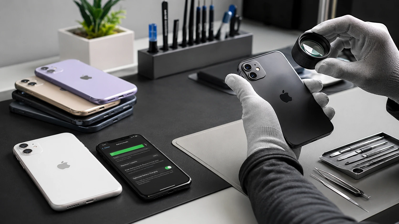 Refurbished iPhones being inspected on a professional repair desk before resale
