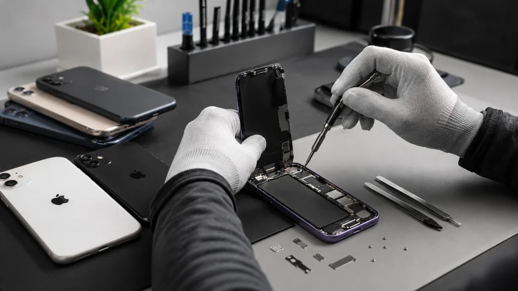Refurbished iPhone being carefully disassembled by a technician for repair and quality testing