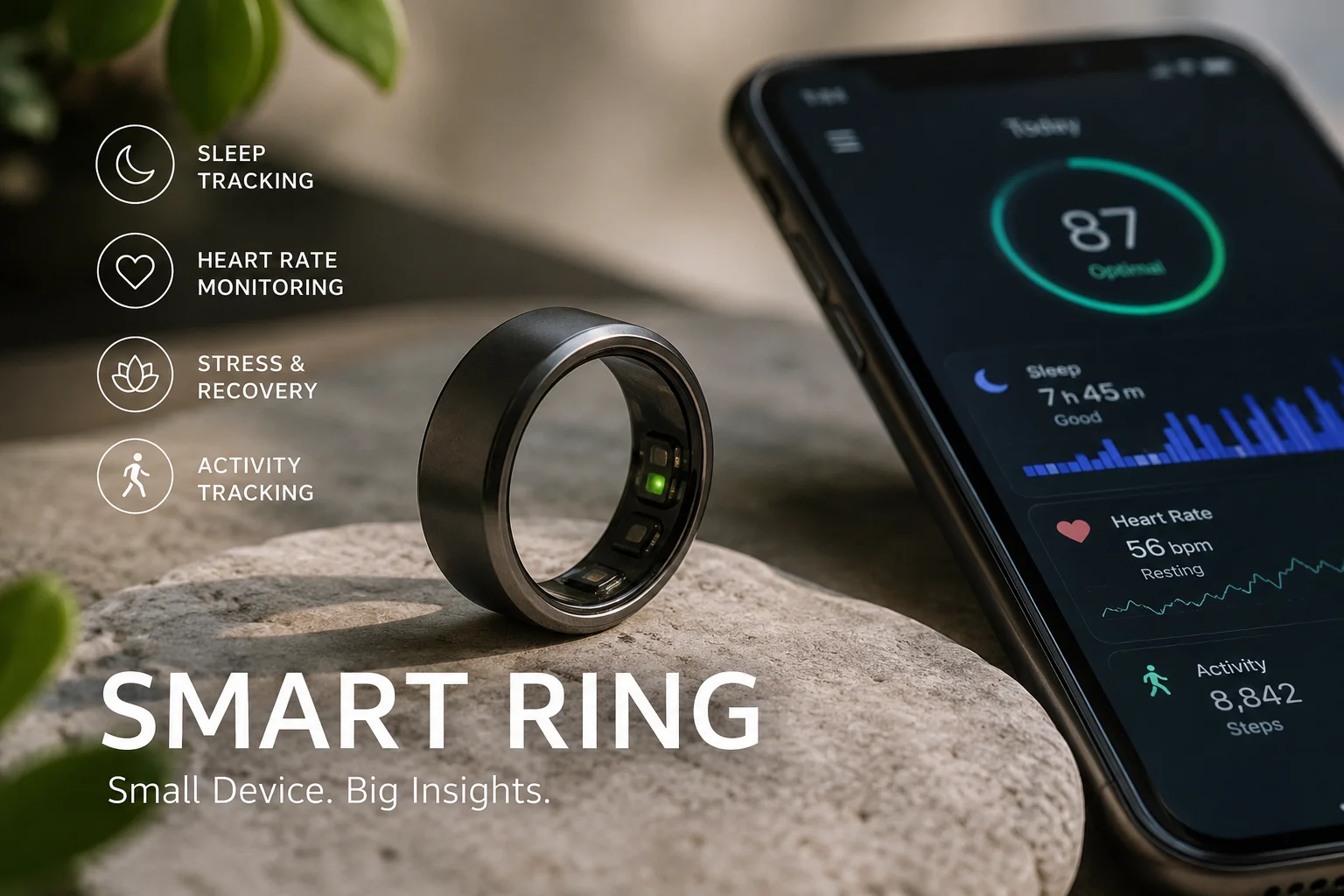 Smart ring health tracking device with smartphone wellness app showing sleep, heart rate, recovery, and activity insights