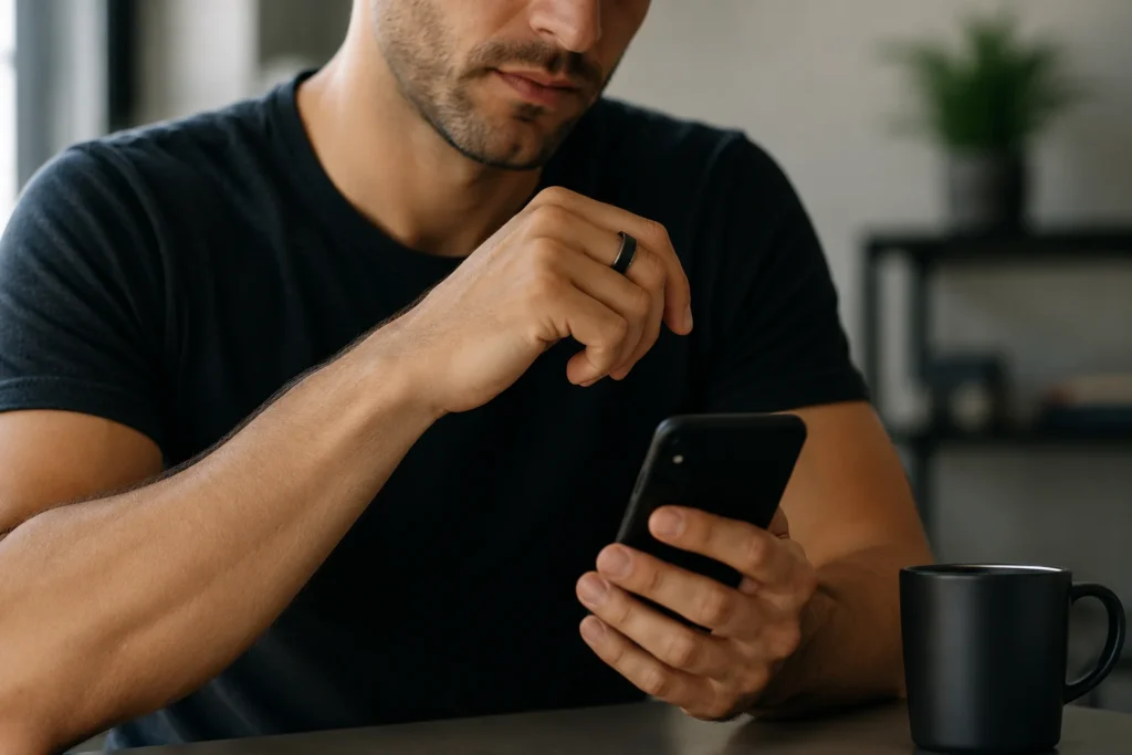 Man wearing a smart ring while reviewing health tracking insights on his smartphone