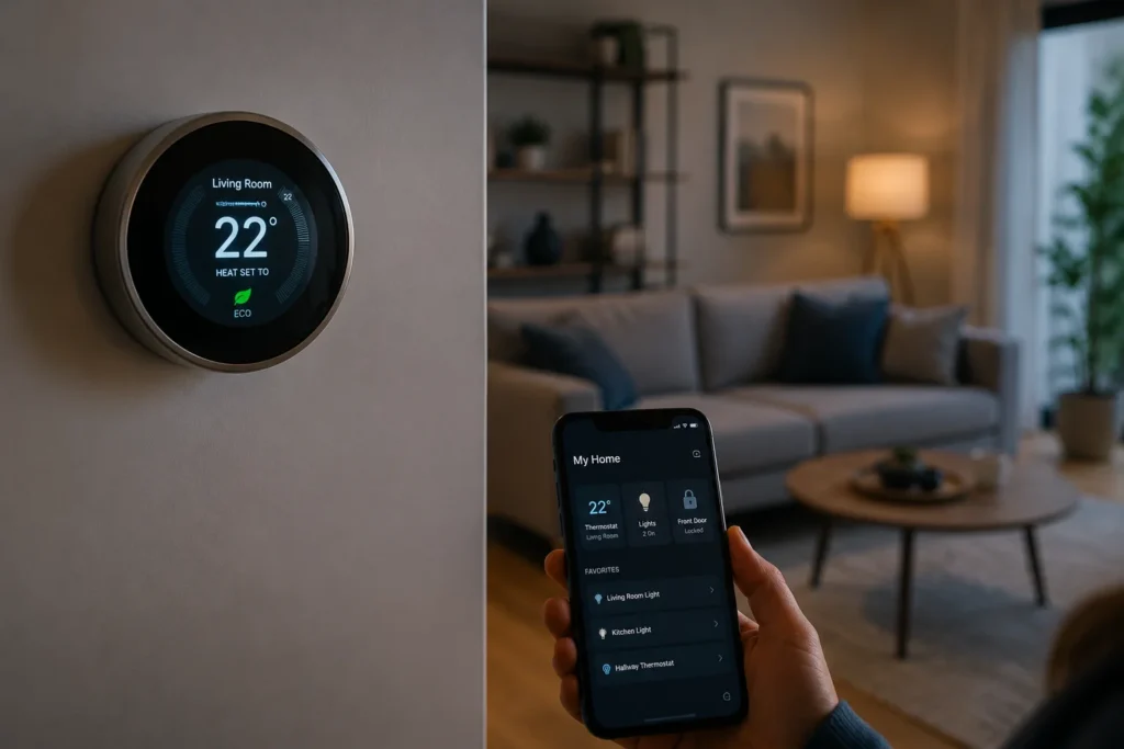 Smart home technology controlling a wall-mounted thermostat from a smartphone in a cozy modern living room.