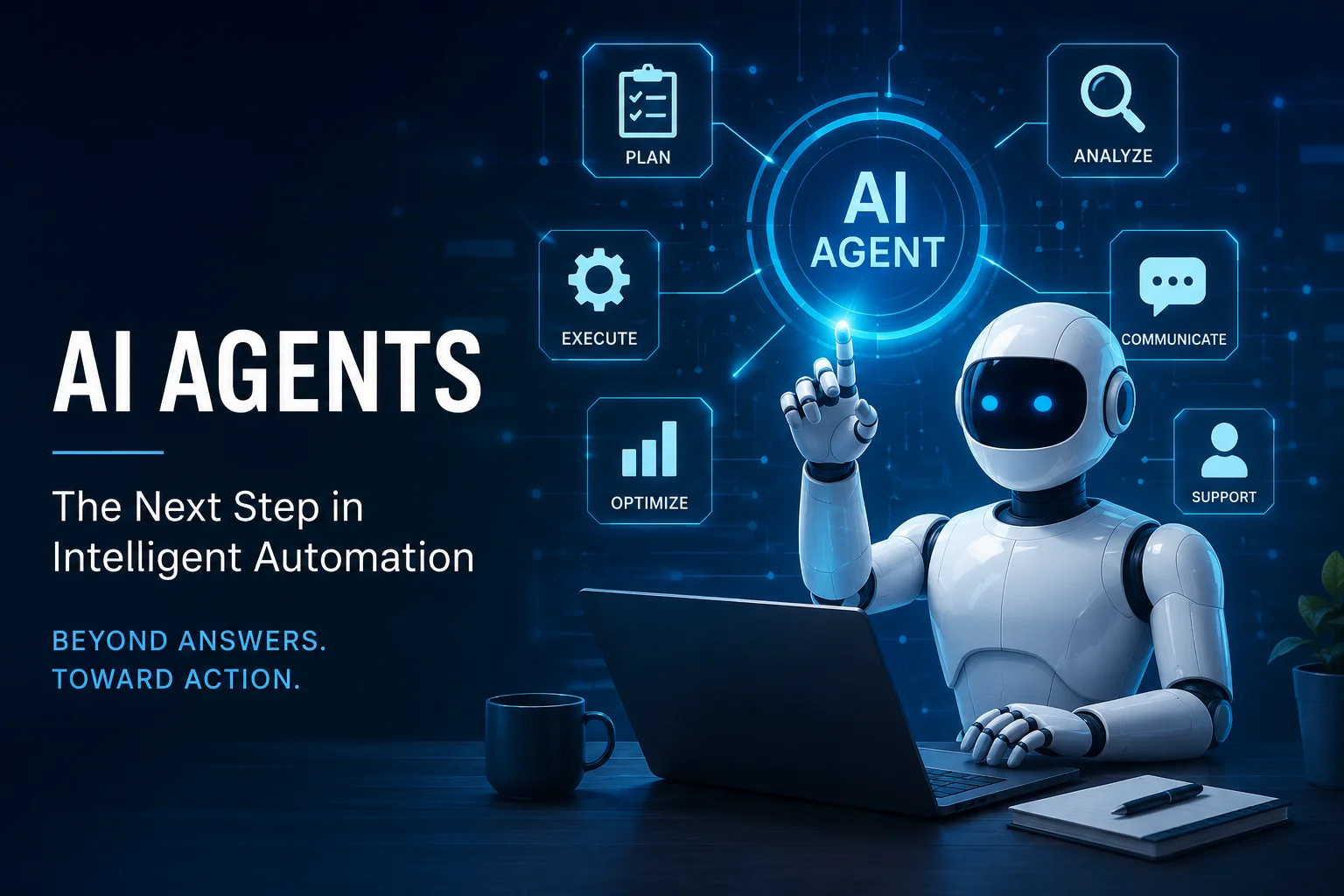 Futuristic AI agents interface showing planning, analysis, execution, and support features