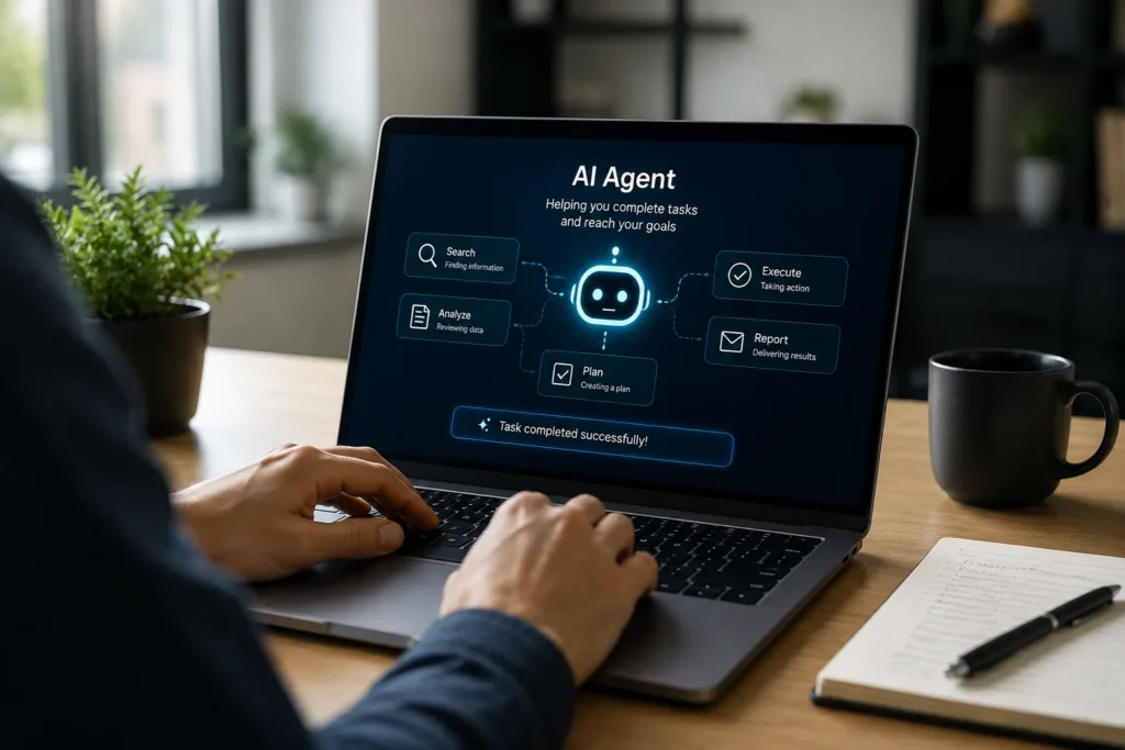 Person using AI agents on a laptop to search, plan, execute, and report tasks