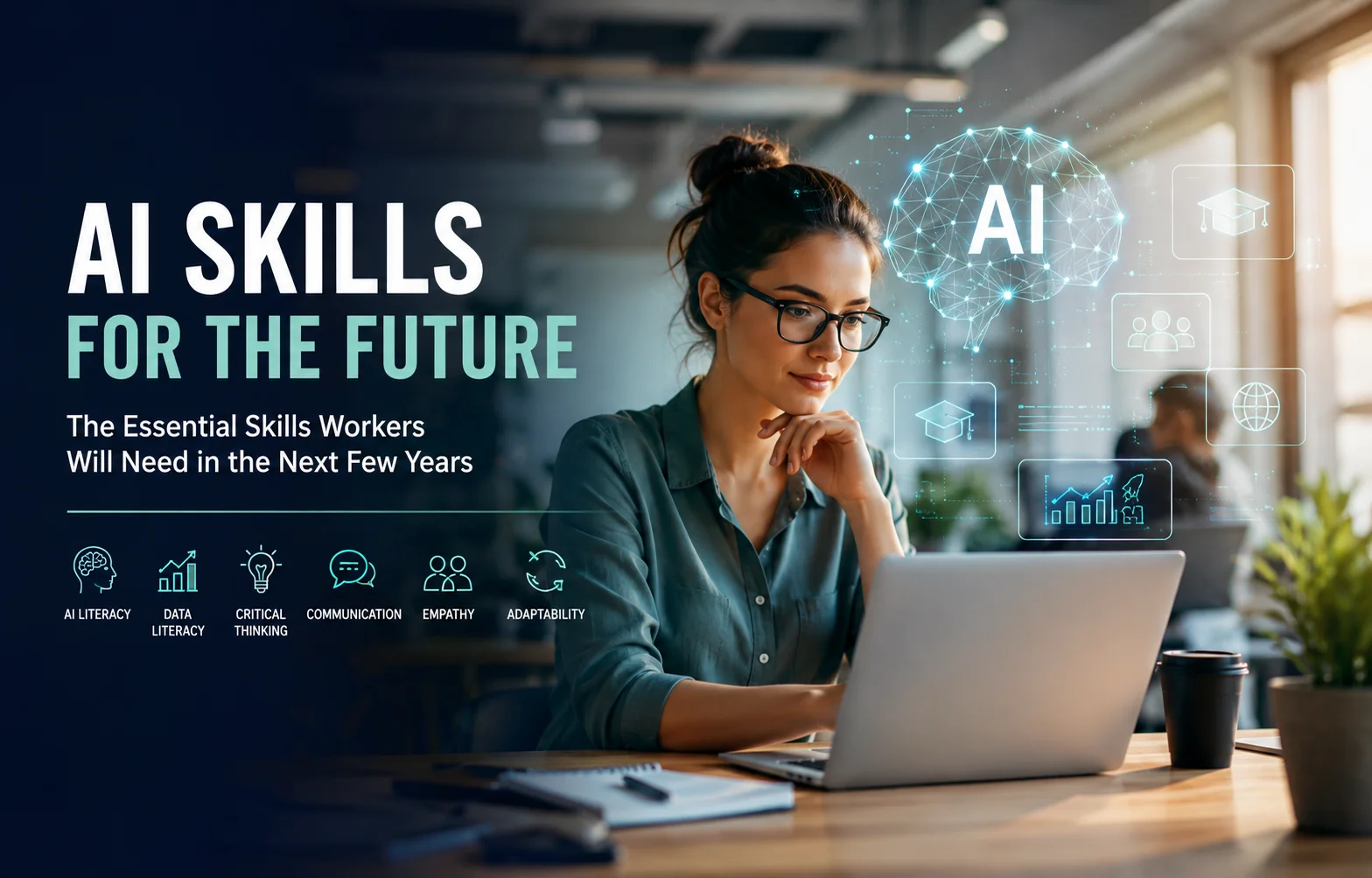 AI skills for the future in a modern workplace with a professional using artificial intelligence tools