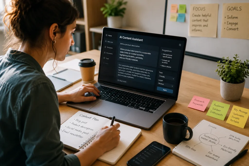 Professional using an AI content assistant to plan and create digital content at work