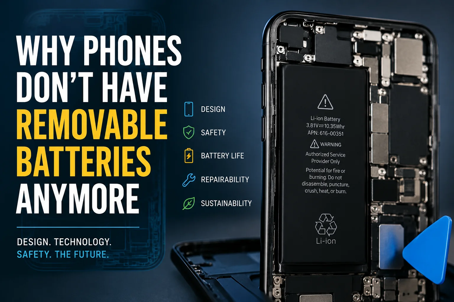 Why phones don’t have removable batteries anymore, shown with a modern smartphone teardown highlighting battery design, safety, repairability, and sustainability