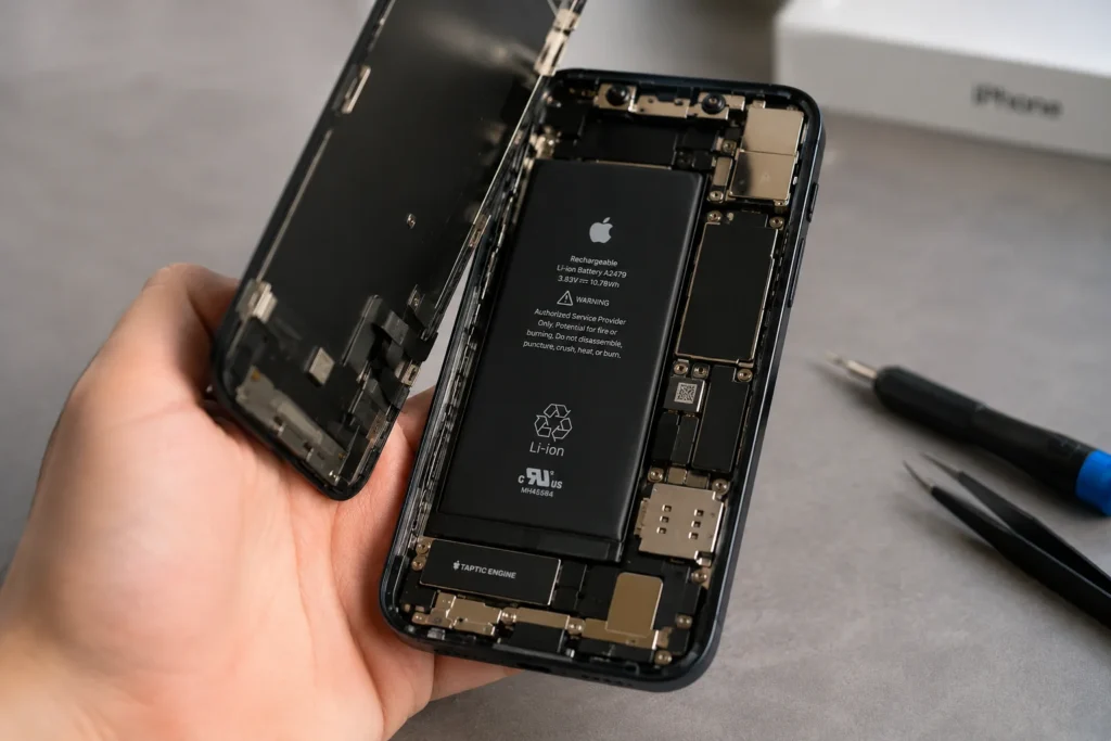 Close-up of an opened iPhone-style smartphone showing a sealed internal battery during repair, explaining why phones don’t have removable batteries