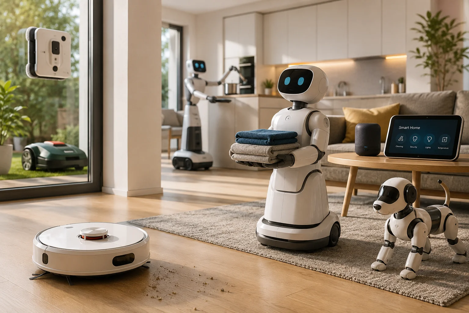 Home robots performing everyday tasks in a modern smart home