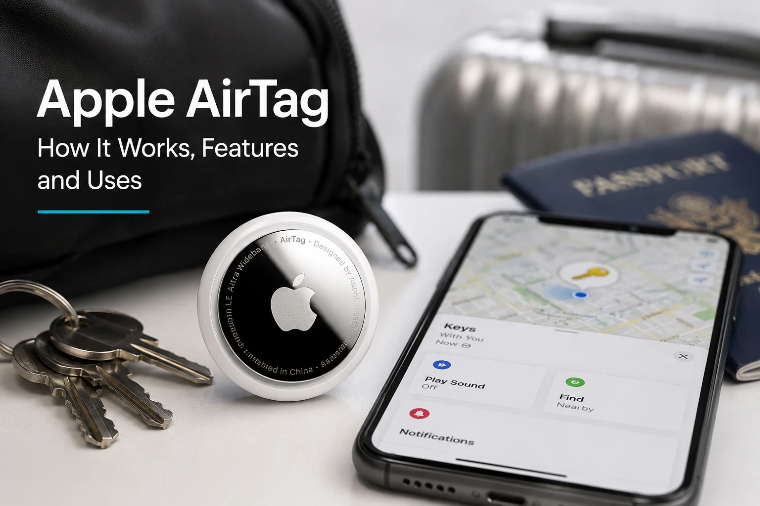Apple AirTag next to an iPhone showing the Find My app with keys and travel items