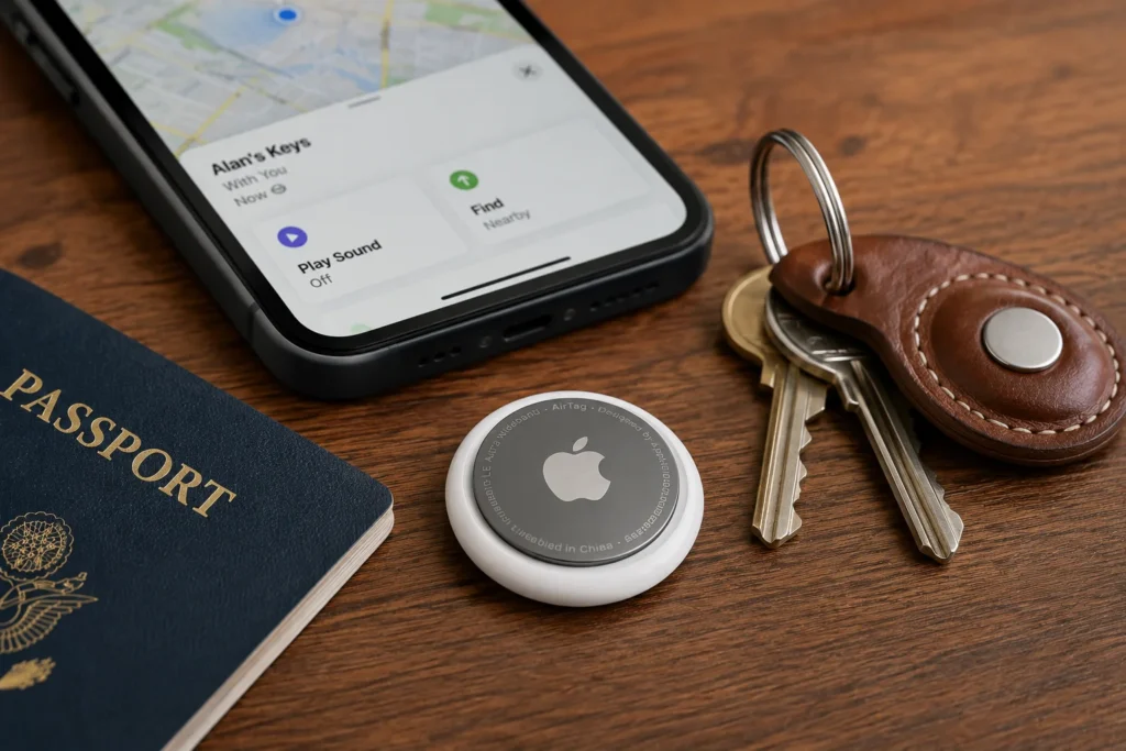 Apple AirTag with keys, smartphone and passport showing everyday item tracking