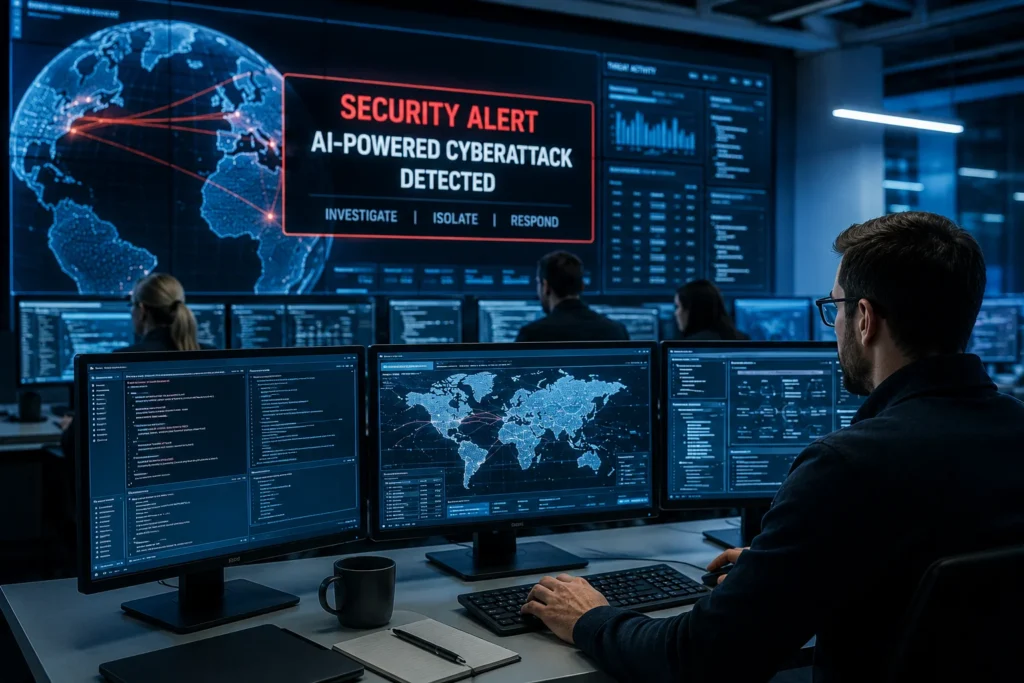 Cybersecurity team monitoring and responding to AI-powered cyberattacks