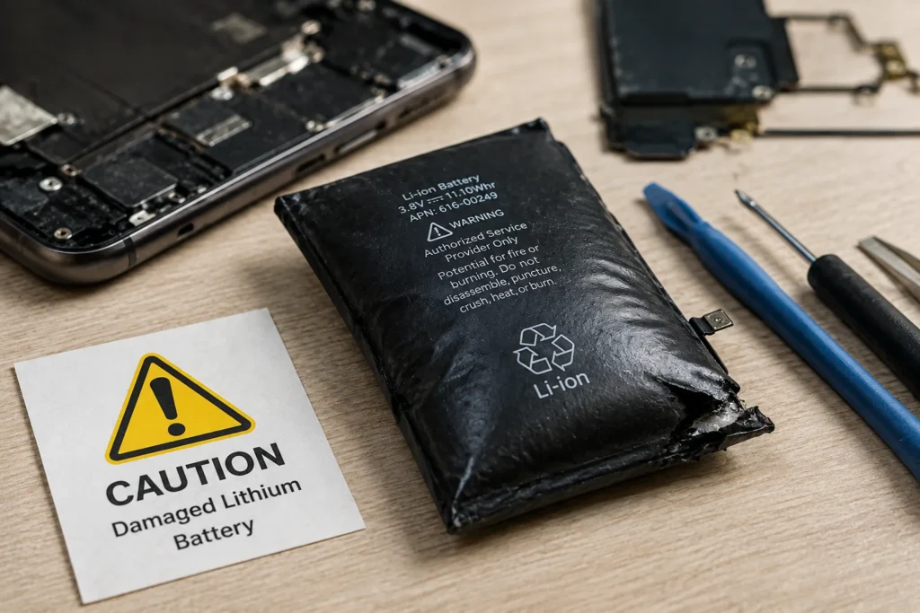 Swollen lithium-ion battery showing common lithium battery dangers