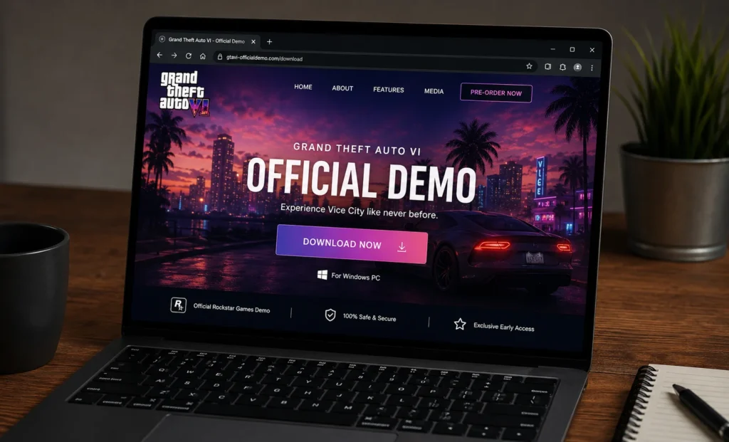 Fake GTA 6 demo download website displayed on a laptop screen